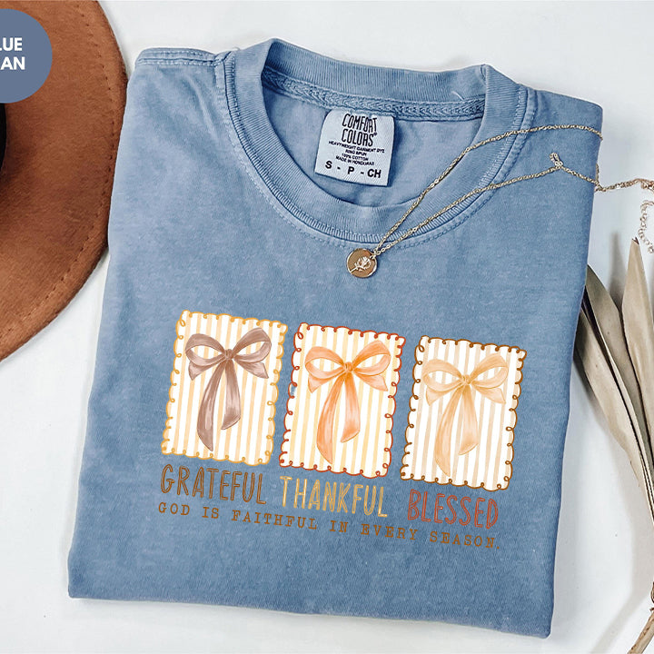 Grateful Thankful Blessed Comfort Color, Coquette Fall Season Sweater, Christian Fall Bow Shirt, Faith Based Autumn Sublimation, Religious Fall Shirts